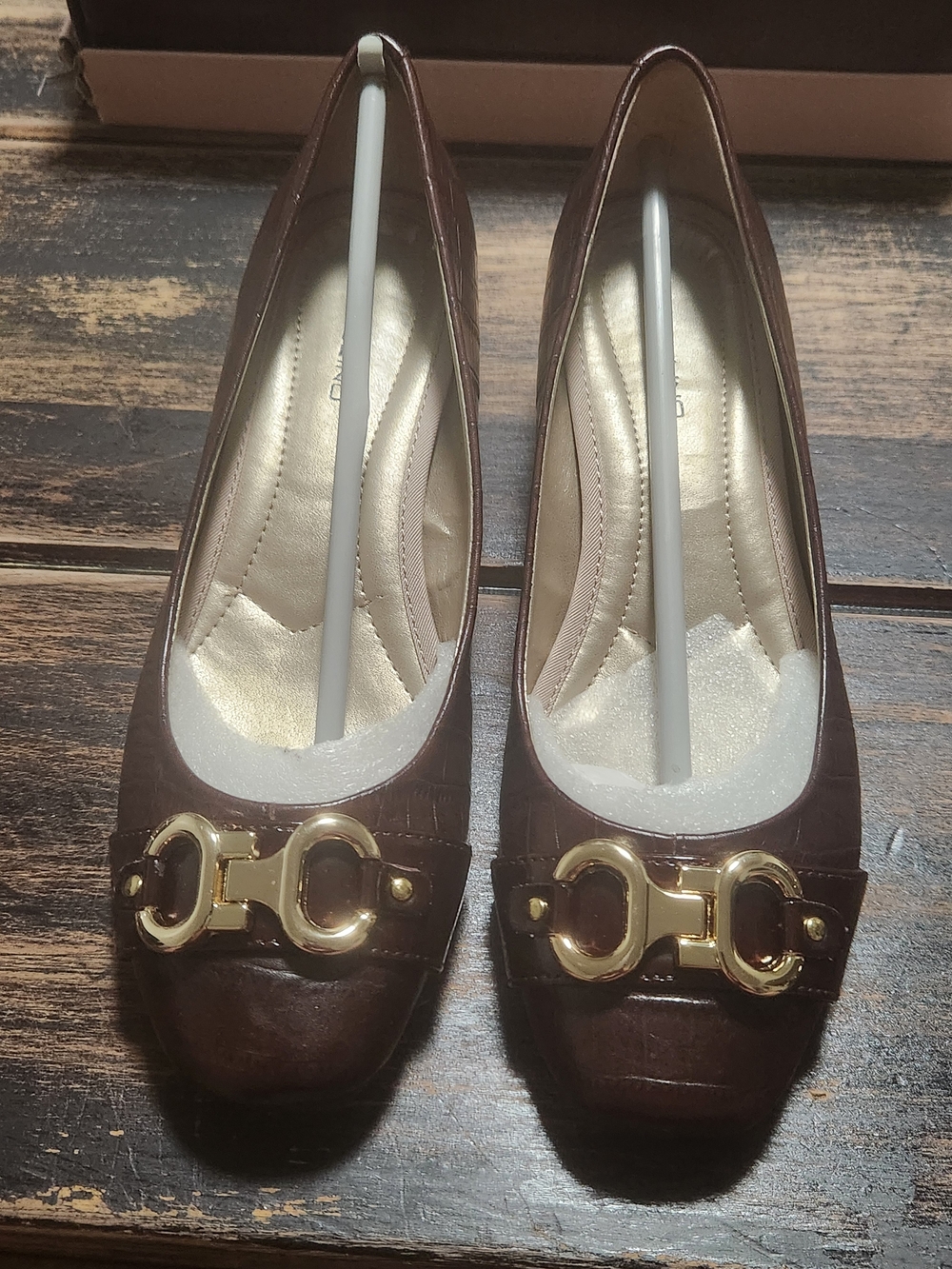 Bandolino Dark Brown Leather Flats with Gold Buckle Accent